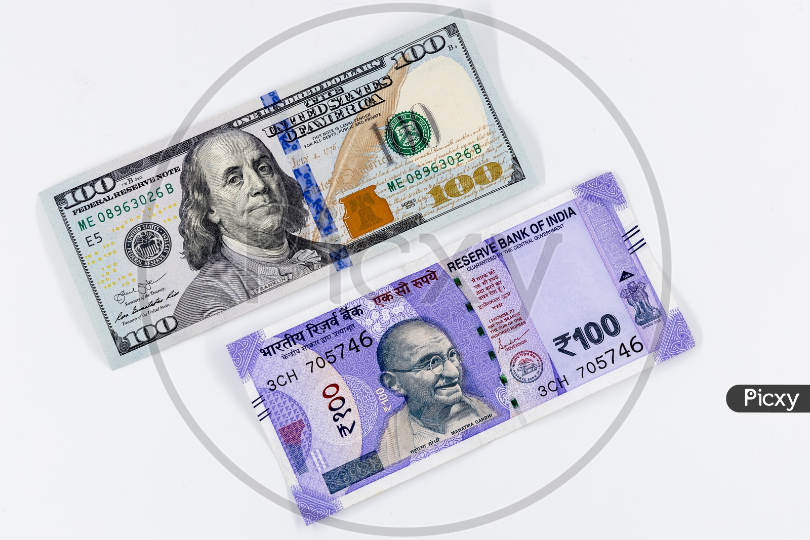 Indian 100 Rupee Currency Note With US 100 Dollar  Bill On an isolated White Background