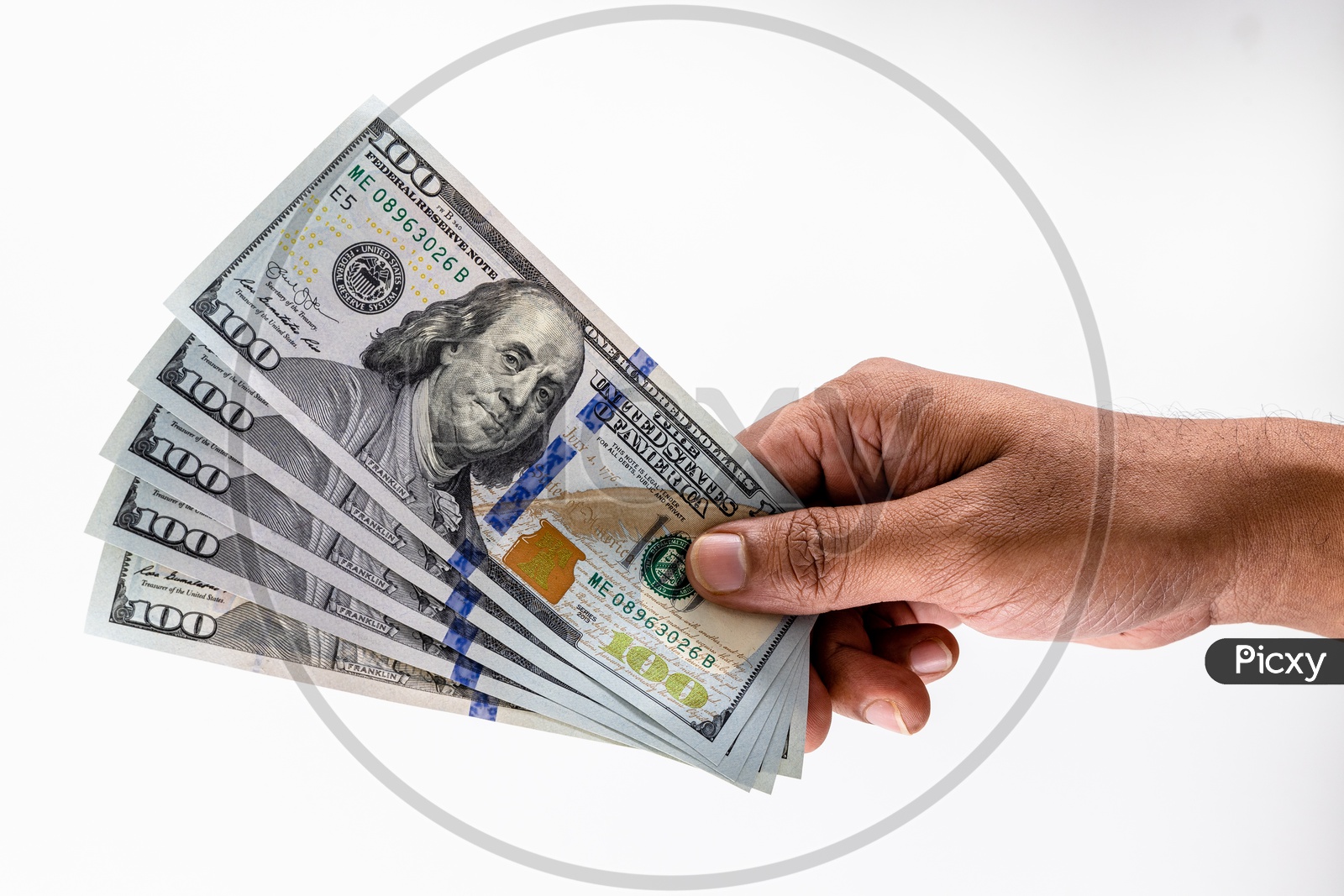A Man Holding US Hundred Dollar Bills  or Currency  in Hand On an Isolated White Background