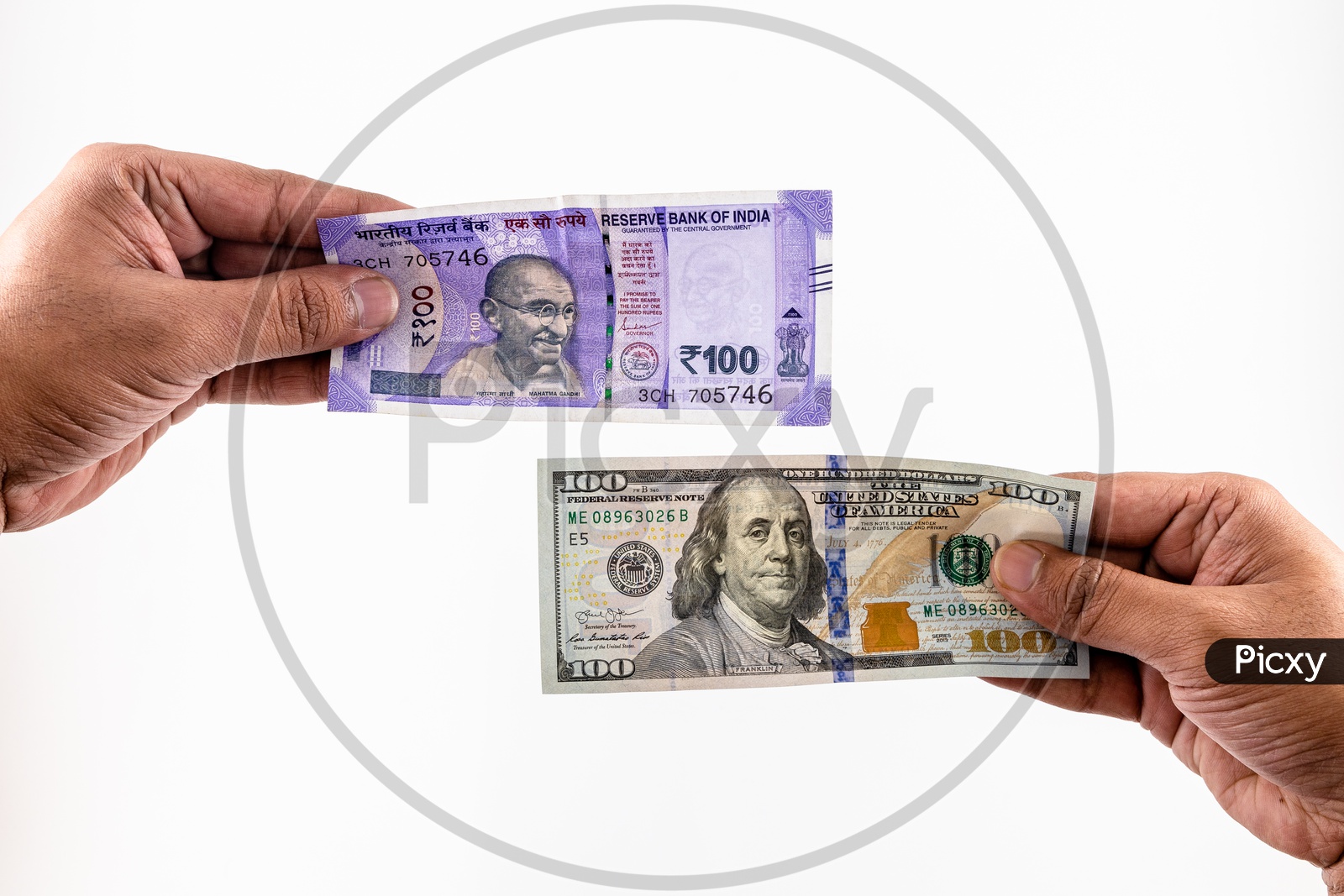 Indian hundred (100) Rupee Currency Note With US hundred Dollar  Bill On an isolated White Background