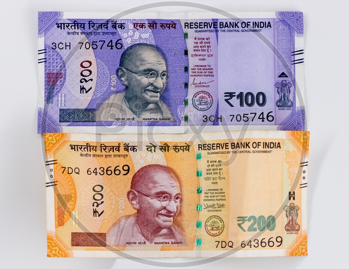 Indian New 100 and 200   Rupee Currency  Note  On an Isolated White Background