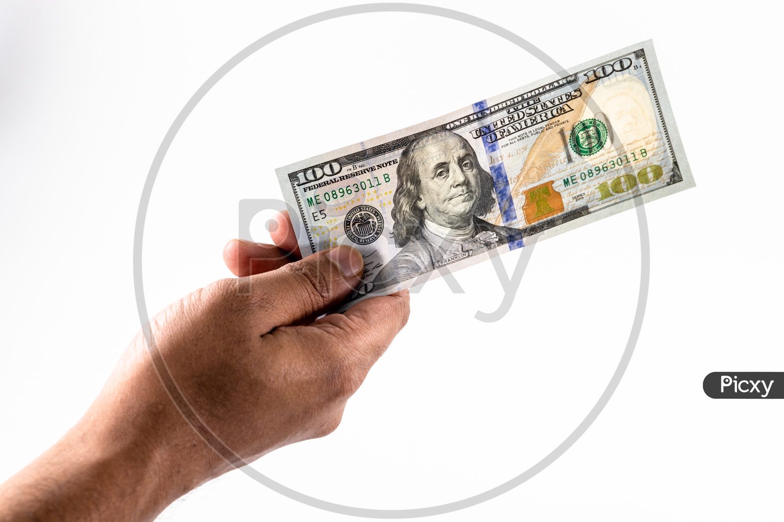 A Man Holding US Hundred Dollar Bills  or Currency  Bundle  in Hand On an Isolated White Background