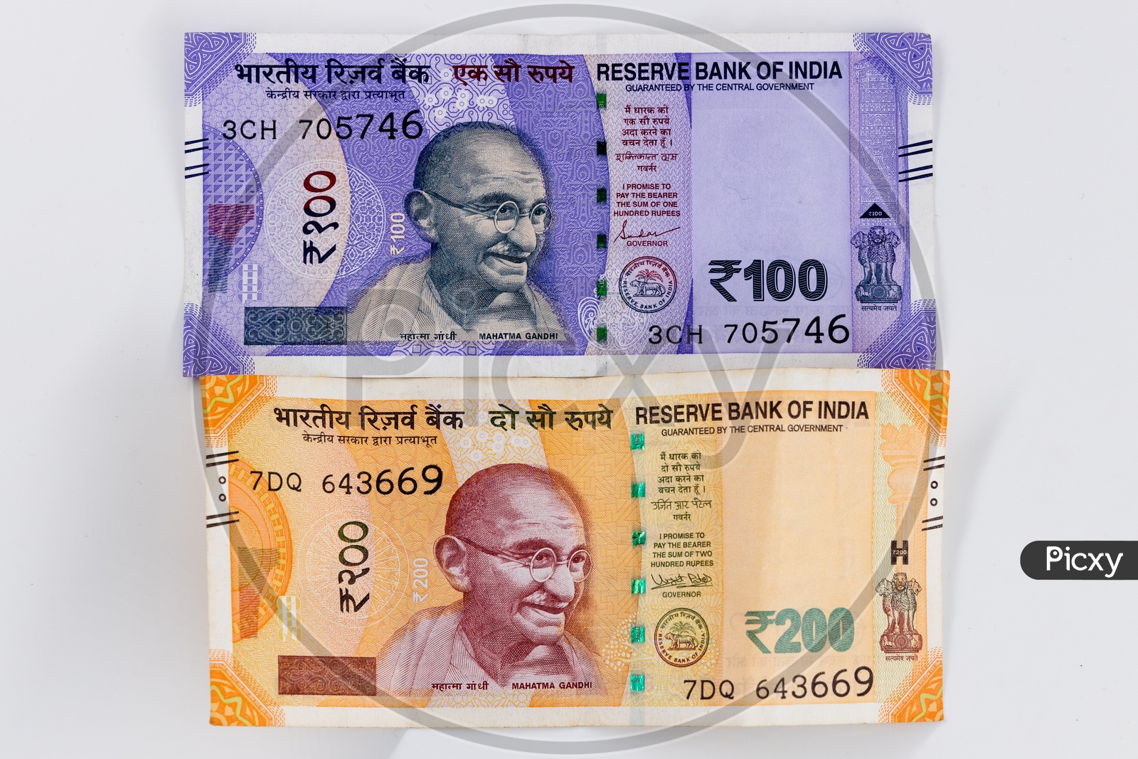 Indian New 100 and 200   Rupee Currency  Note  On an Isolated White Background