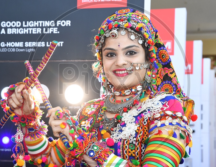 Image of Beautiful Indian Woman in Traditional Dress At Garba Dandiya Raas  Event as a Part Of Durga Navratri-QN856309-Picxy
