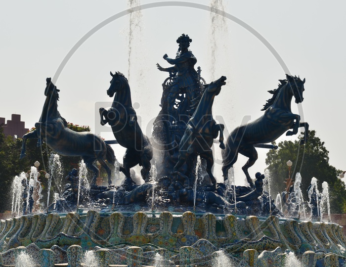 A Water Fountain With Horses In Ramoji Film City