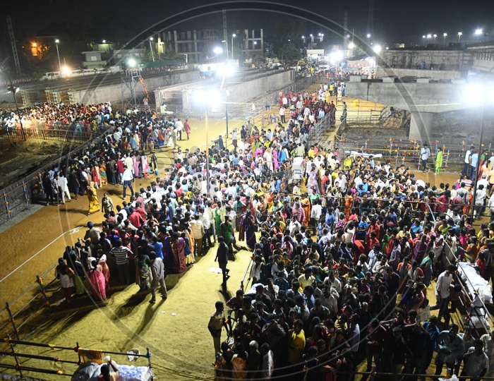 Crowd  of Indian Hindu Devotees Waiting For Goddess Kanaka Durga Darshan in Queue  Lines At  Vijayawada