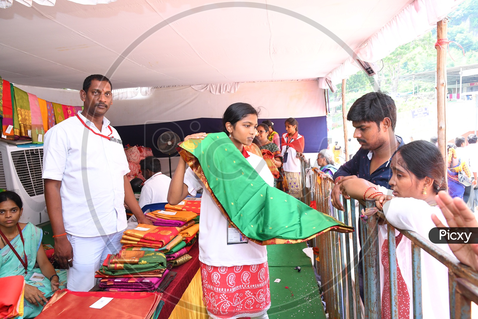 Devotees buying Sarees for Goddess Durga