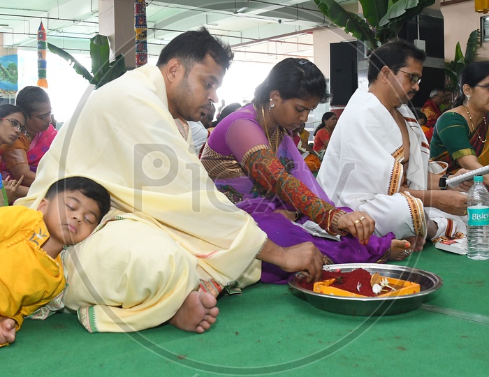 Devotees Performing Laksha Kumkum Archana Pooja at Kanaka Durga Temple