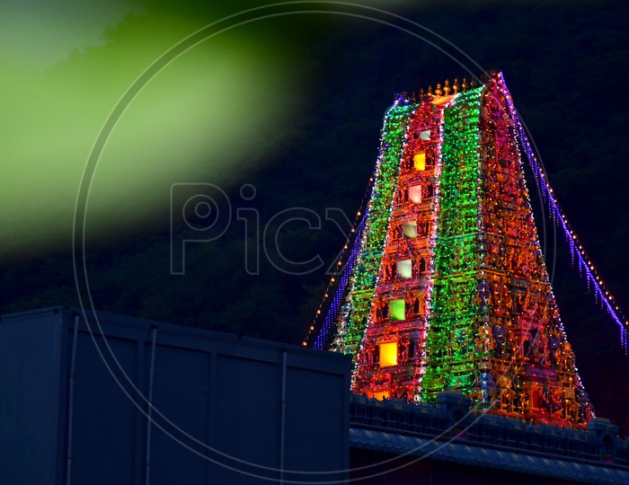 View of Hindu Temple with lights during Dussehra in Vijayawada
