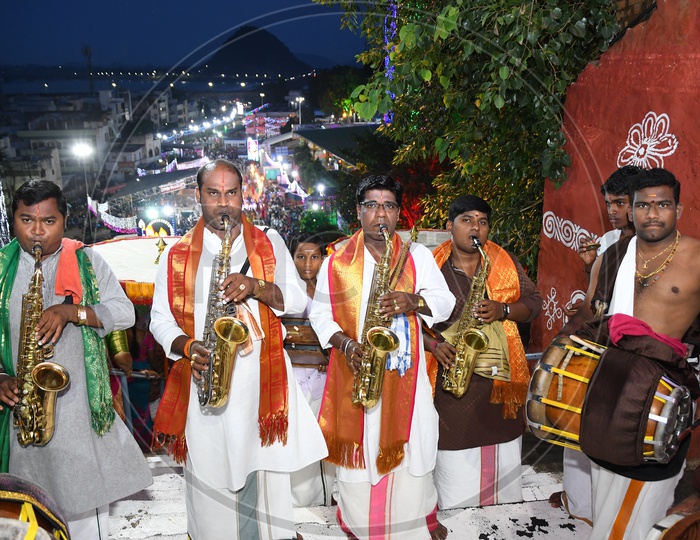 Indian Traditional Musicians Playing Trumpet And Drums At Hindu God Procession