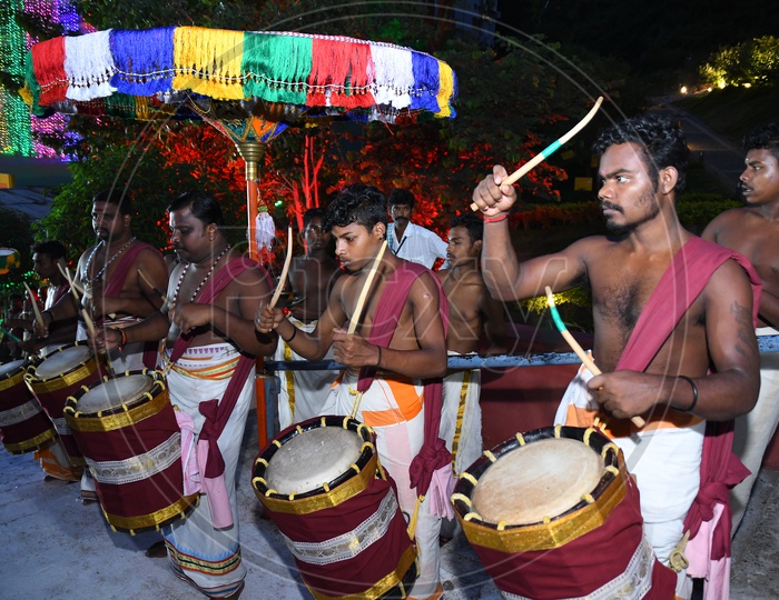 Kerala Chandi Drum Artists Playing Traditional Drums At Hindu Goddess Kanaka Durga Procession