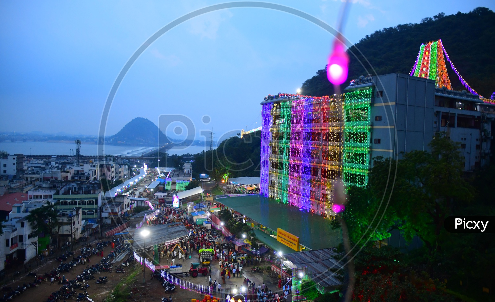 Aerial view of a Function hall with lights during Dussehra