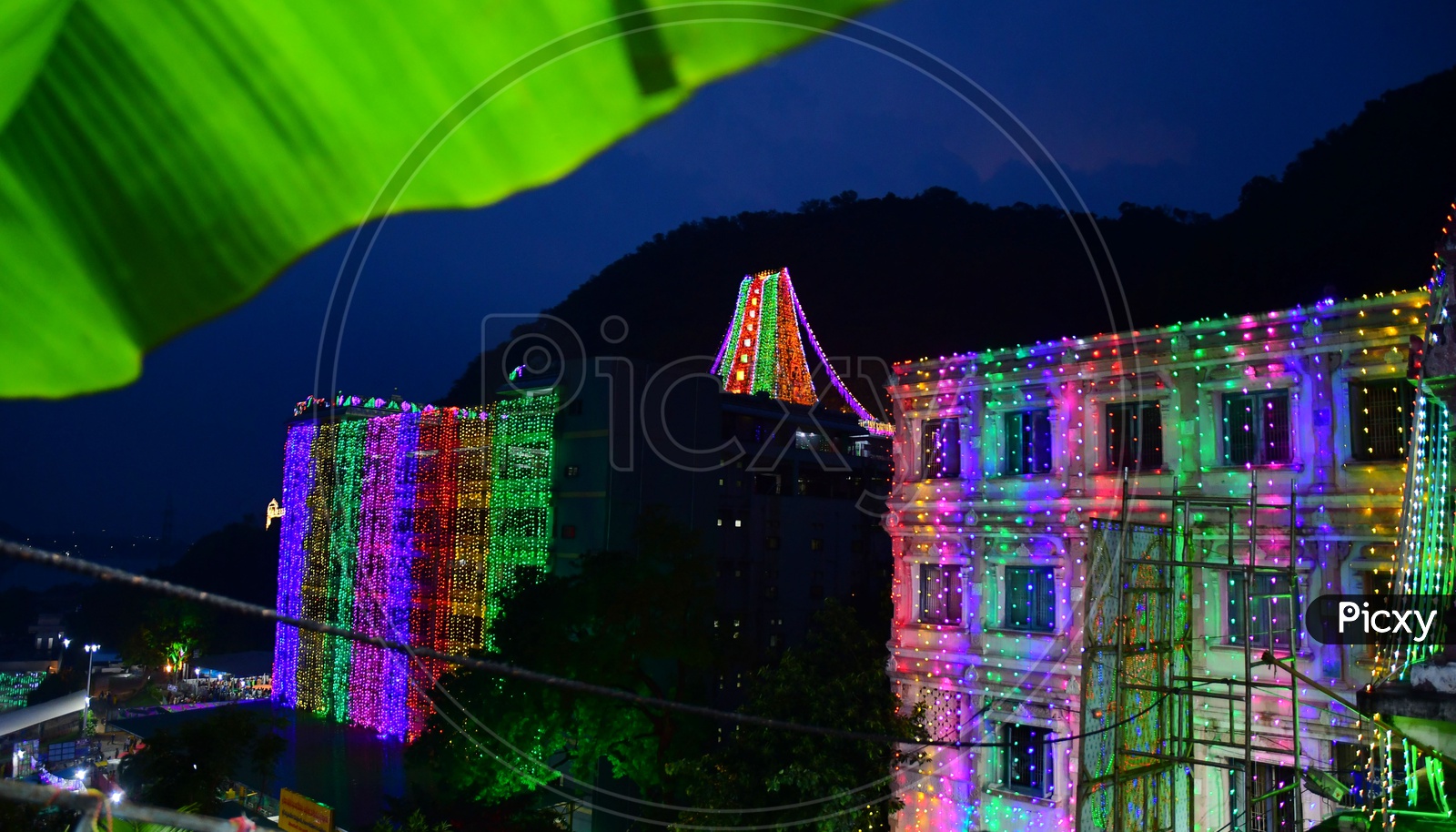 View of Colorful serial lighting during Dussehra in Vijayawada