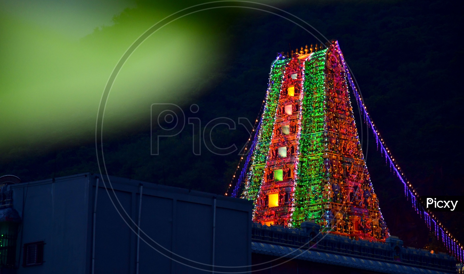 View of Hindu Temple with lights during Dussehra in Vijayawada