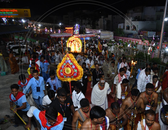 Hindu Goddess Kanaka Durga Procession With Traditional Drums And Deity Idol