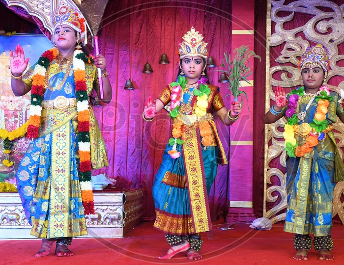 Indian Girls dressed up as Hindu Goddesses during a skit