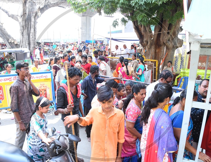 Indian Hindu Devotees  Crowd At Queue Lines For Darshan in Vijayawada