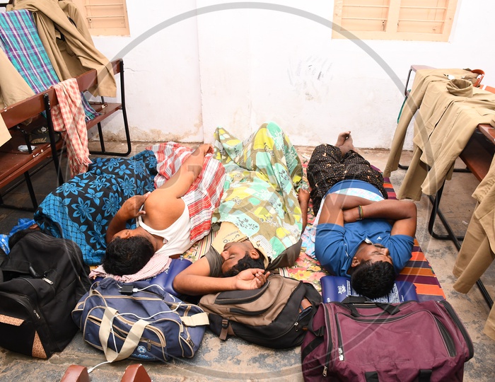 Police Sleeping on School Benches After Duty During Durga Navratri Festival in Vijayawada