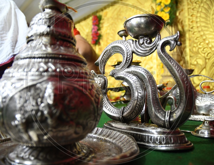Silver Aarti Plates in Goddess Durga Temple