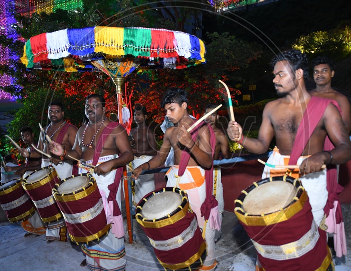 Image of Kerala Chandi Drum Artists Playing Traditional Drums At Hindu