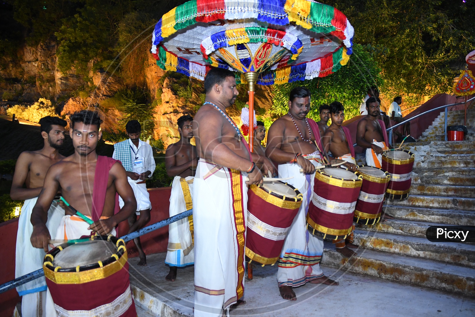 Kerala Chandi Drum Artists Playing Traditional Drums At Hindu Goddess Kanaka Durga Procession