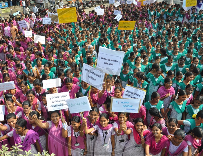 College Girls holding placards during SIR C.R.R College for Women Rally in Eluru