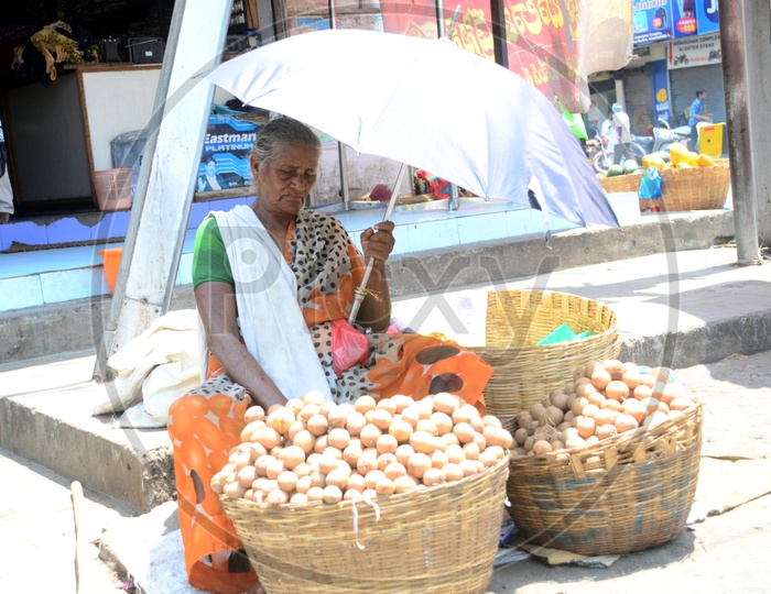 Indian Old Woman selling Chikoo Fruits