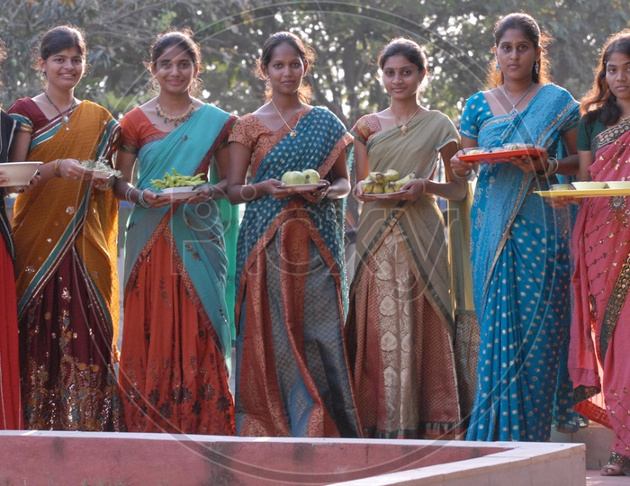 Indian Girls in a traditional attires during Pongal Festival