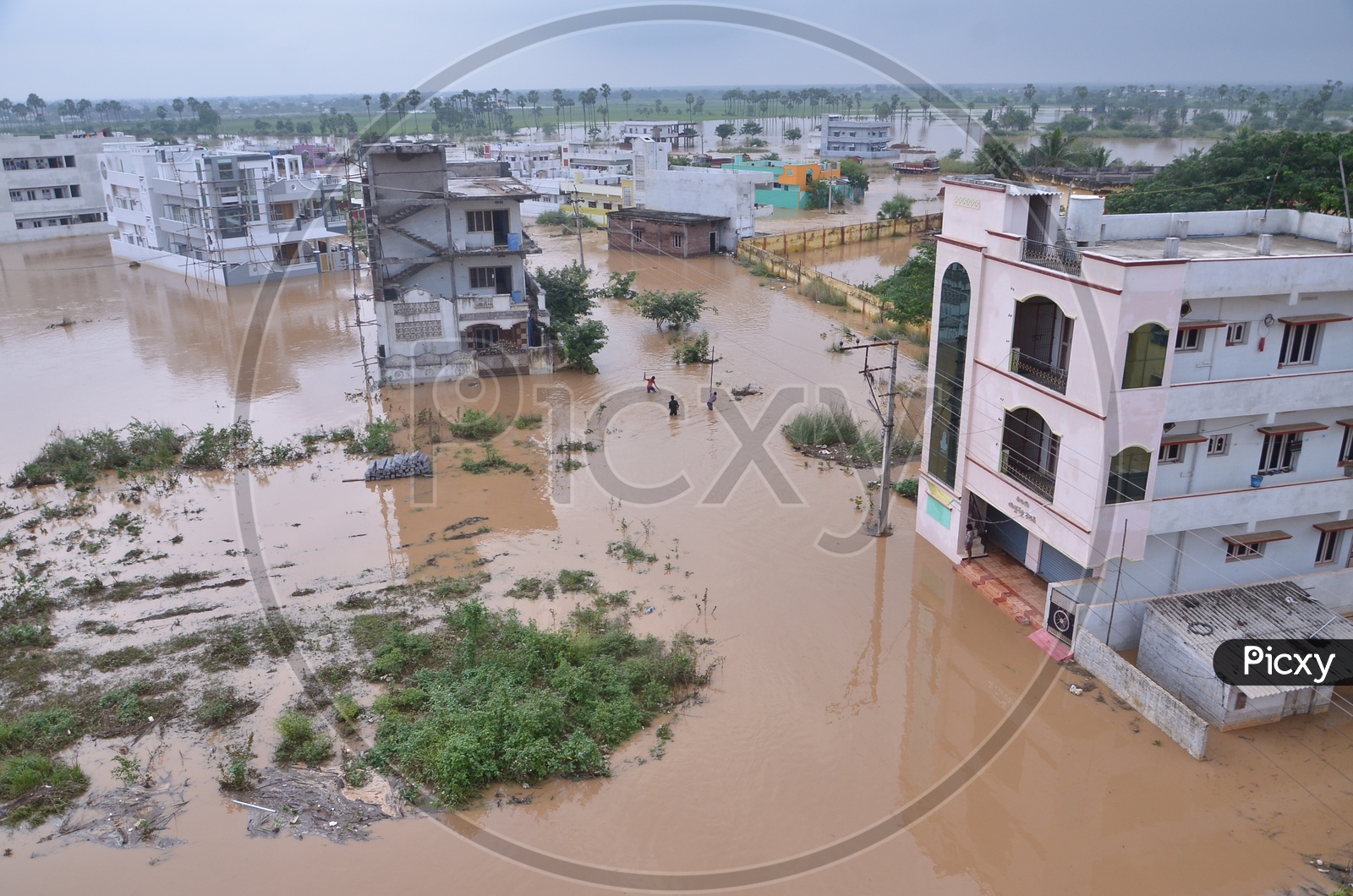 View of City buildings in Eluru during floods