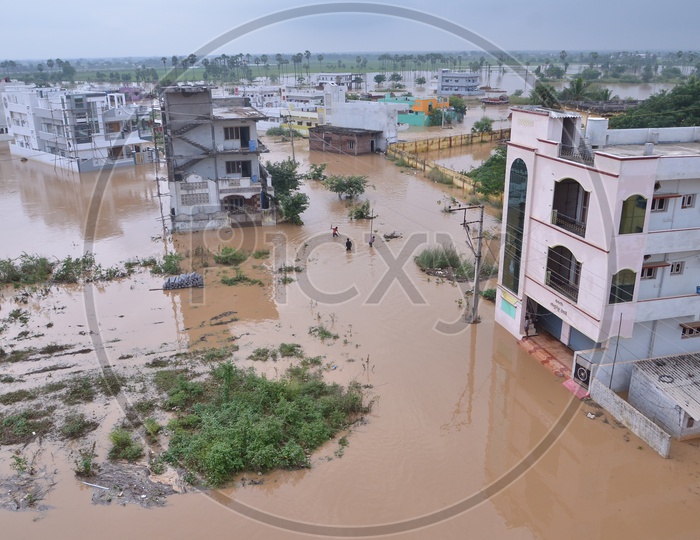 View of City buildings in Eluru during floods