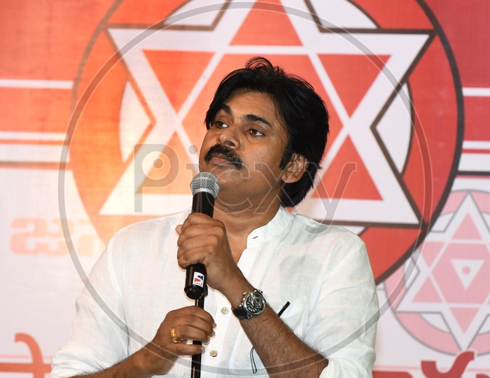 Telugu Film Actor Turned Politician and Founder of Jana Sena Party Konidela Pawan Kalyan Addressing Press Meet