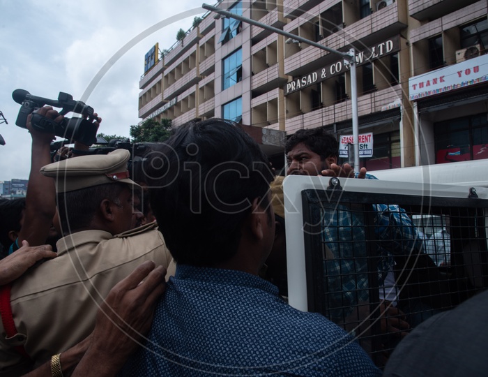 a man shouts slogans against CM KCR after being detained and arrested by Telangana State Police on 21st October,2019 in solidarity for TSRTC employees who got dismissed