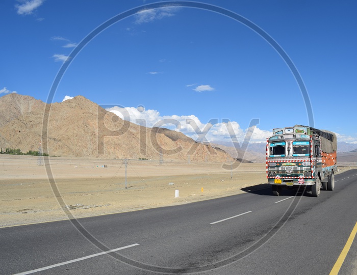 A lorry passing on the Srinagar- Leh highway