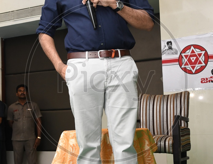 Telugu Film Actor Turned Politician and Founder of Jana Sena Party Konidela Pawan Kalyan Addressing Press Meet