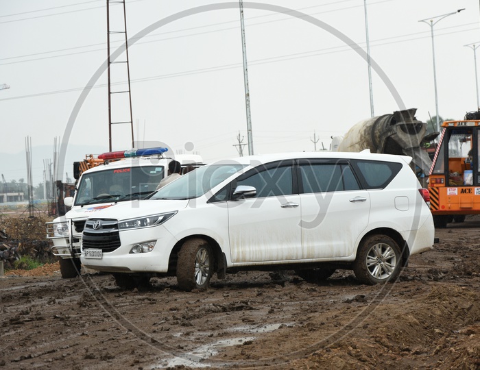 Police Vehicle at a Construction Site in Amaravati