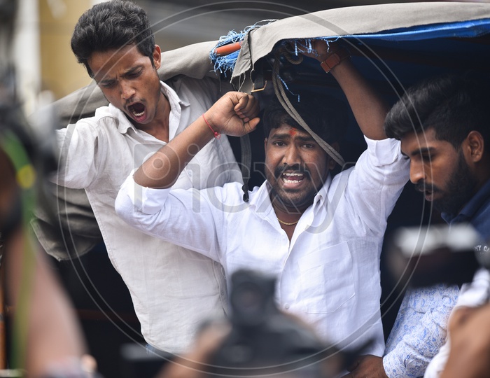 men being detained by Telangana Police as he protests at Pragathi Bhawan Gherao on 21st October,2019