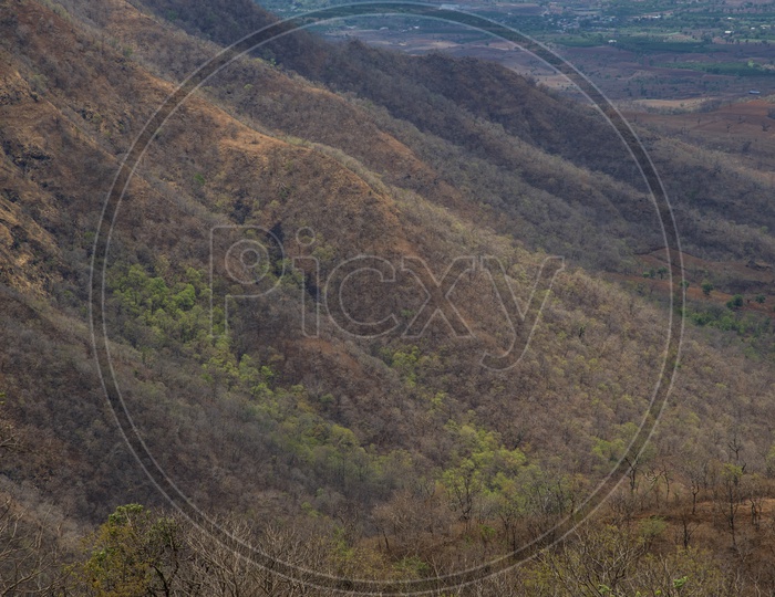 Landscape Of Satpura Range Hills And Mountain Valleys With Blue  Sky  In Melghat