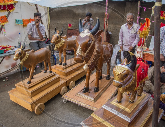 Nagpur People With  children's celebrating the Pola festival by decorating and exhibiting a wooden bull
