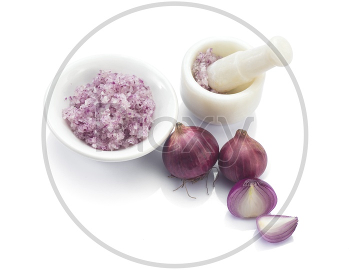 Red Onions Chopped For Juice Extraction For Hair Growth Remedy  on an Isolated White Background