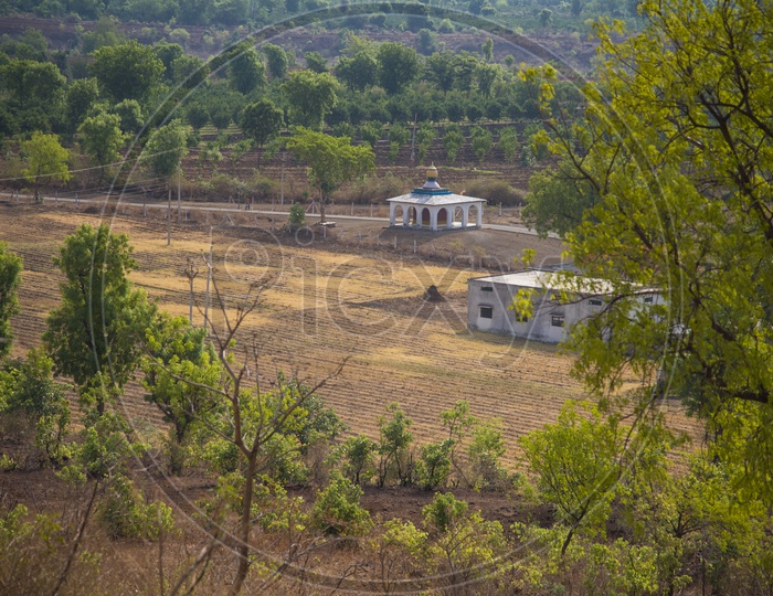 Aerial View Of Small Temples In Rural Villages At Agricultural Fields