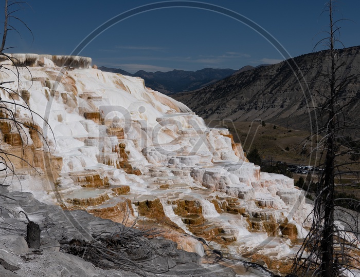 Landscape of Mammoth Hot Spring Terraces in Yellowstone National Park