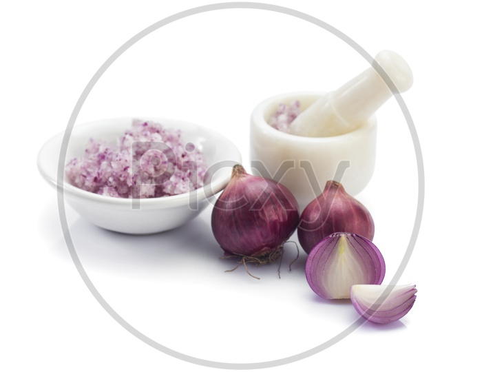 Red Onions Chopped For Juice Extraction For Hair Growth Remedy  on an Isolated White Background