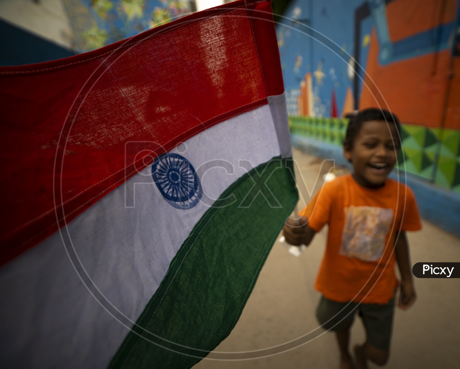Indian Boy With Tricolour Indian National Flag