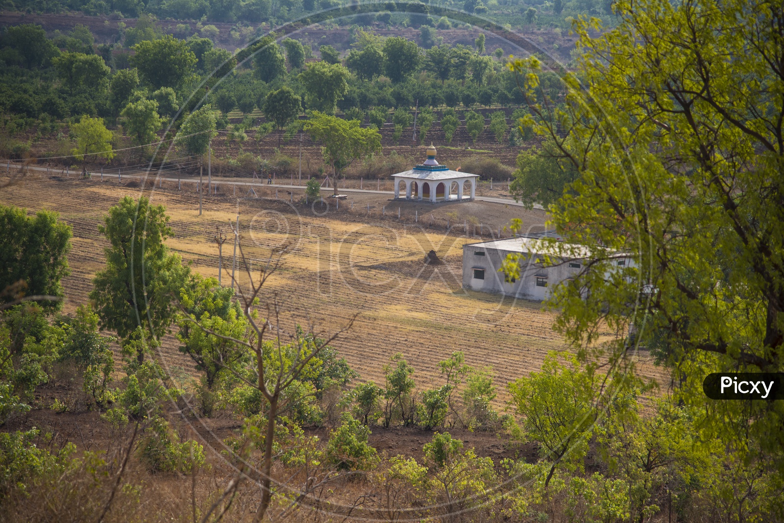 Aerial View Of Small Temples In Rural Villages At Agricultural Fields