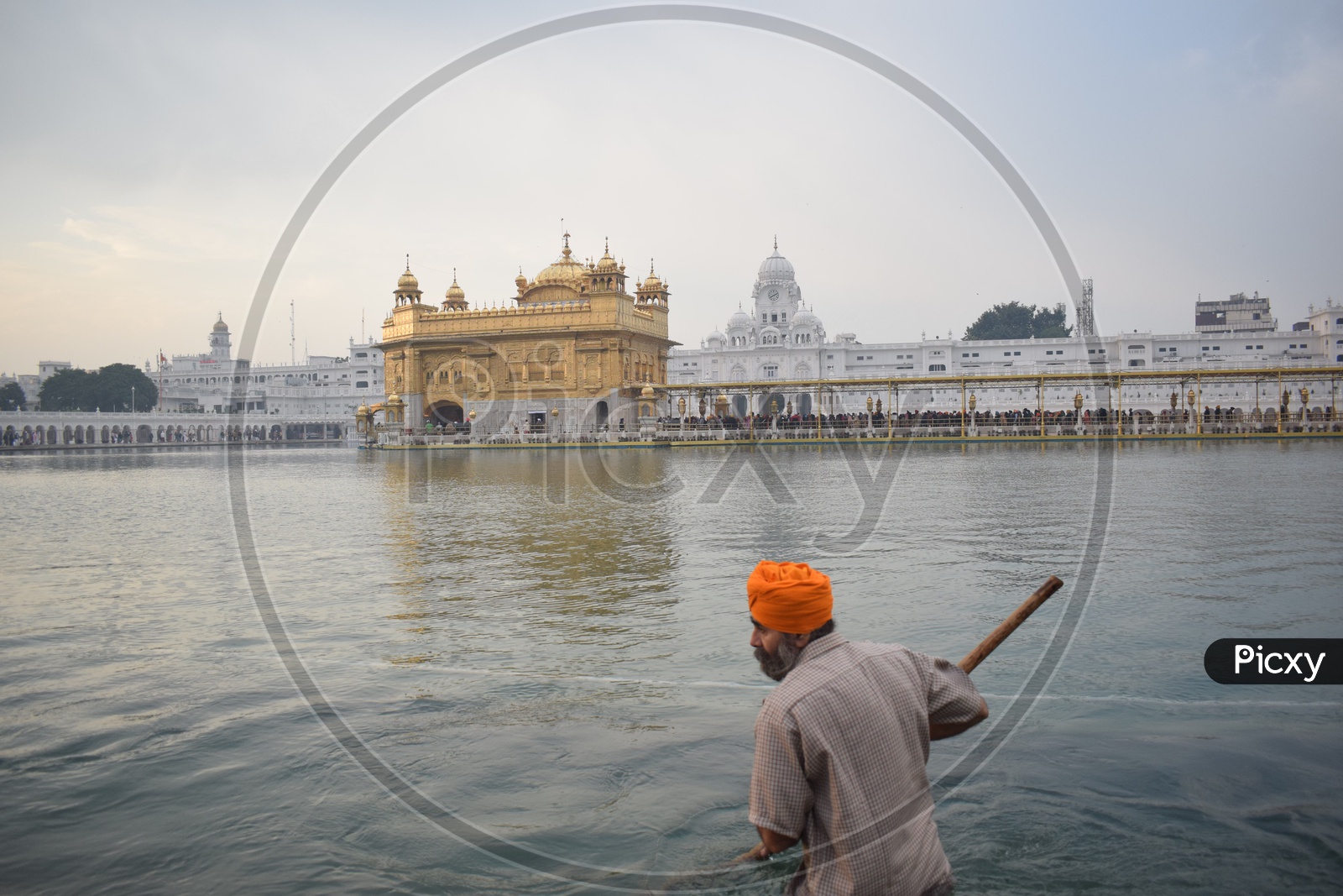 A volunteer cleaning the pond around the golden temple.