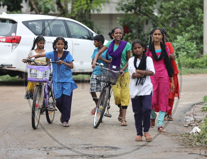 Group of Indian Rural Girls walking