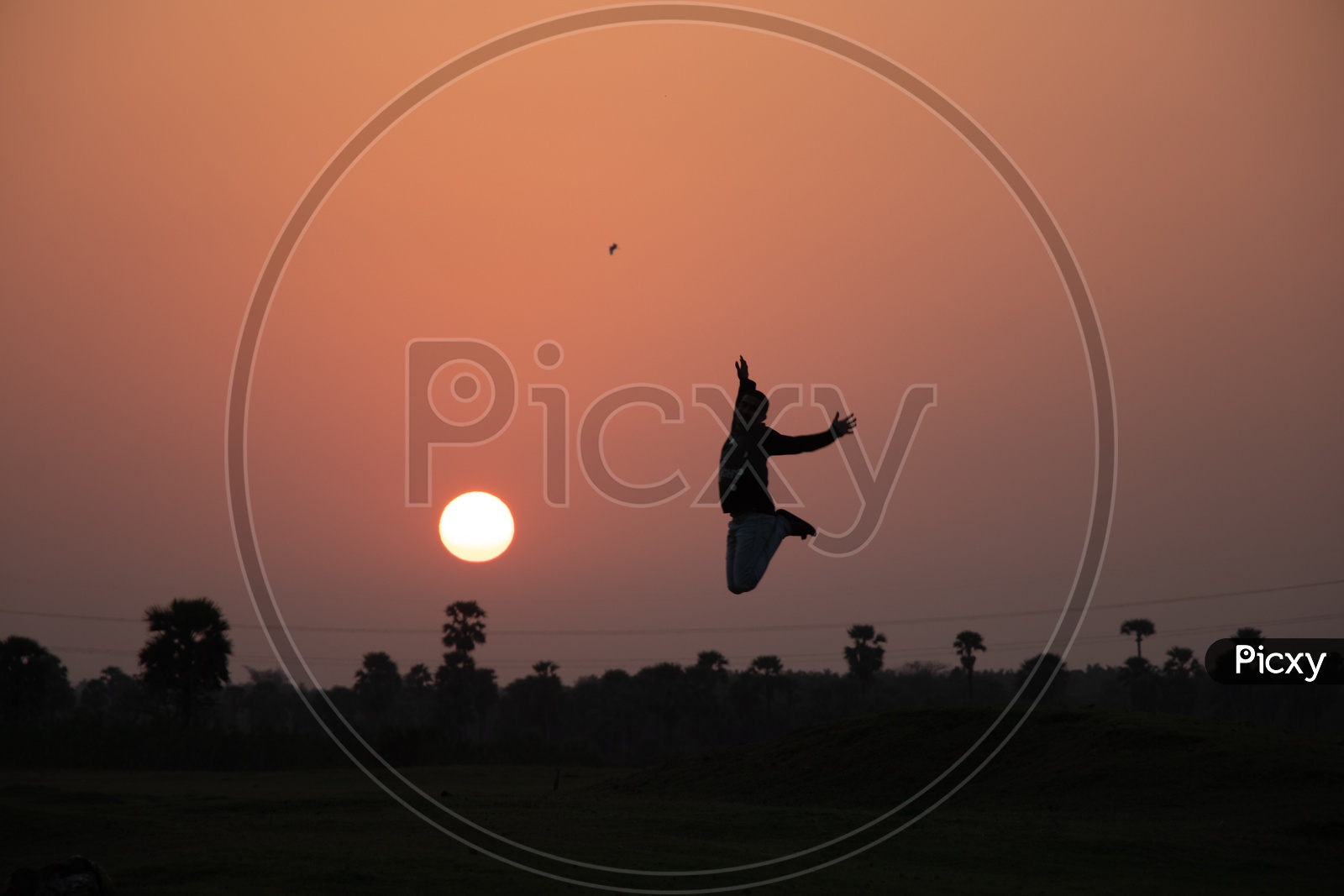 Silhouette of a Man Jumping in Joy With Sunset Sun In Background