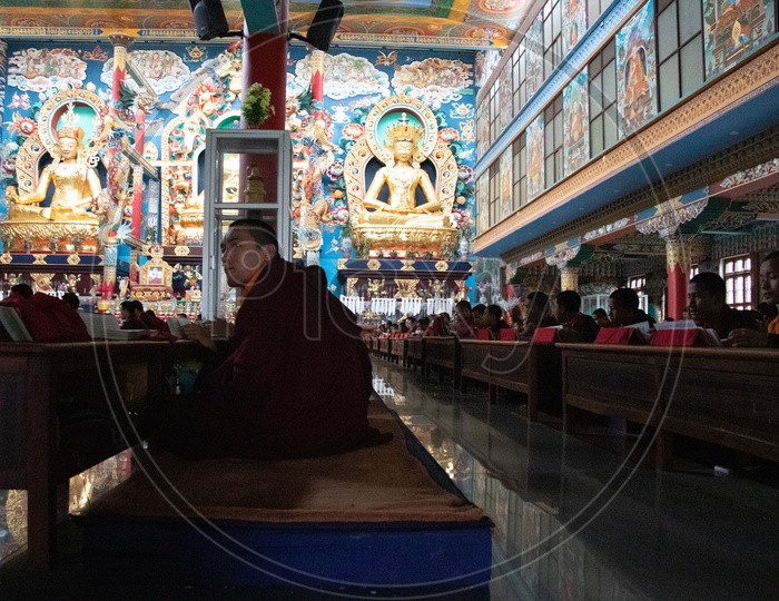Buddhist Monks Chanting By Sitting In a Temple At Namdroling  Monastery  Golden Temple