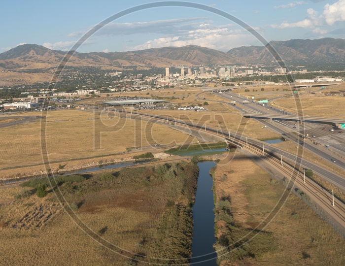 Aerial view of Canal Network against the Intersection of roadways in Salt Lake City