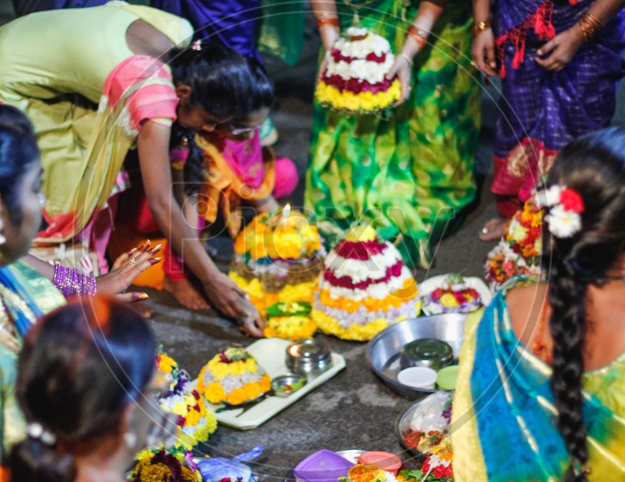Women celebrating Telangana floral festival Bathukamma.