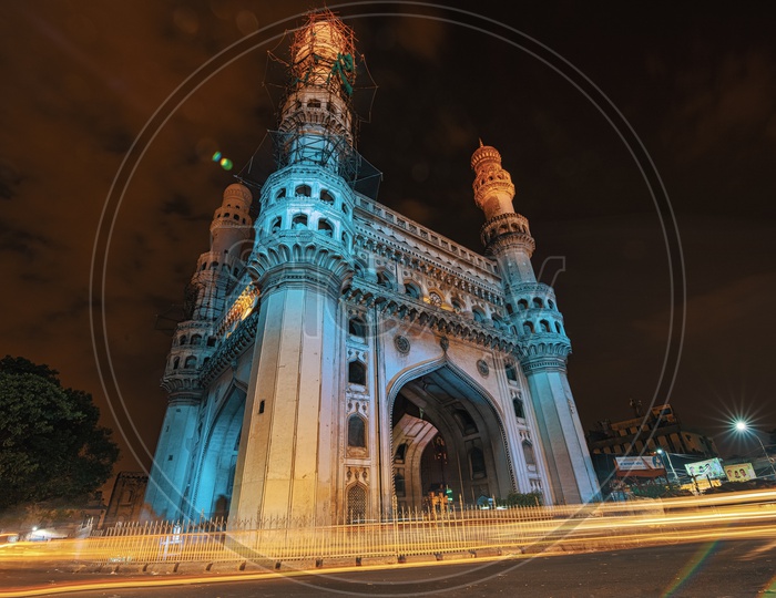 Long Exposure shot of traffic moving around charminar lit up with lights on the eve of Telangana Formation Day.